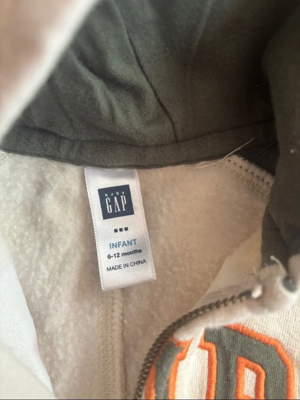 GAP Cream and Olive Hooded Fleece One-Piece with Orange Logo